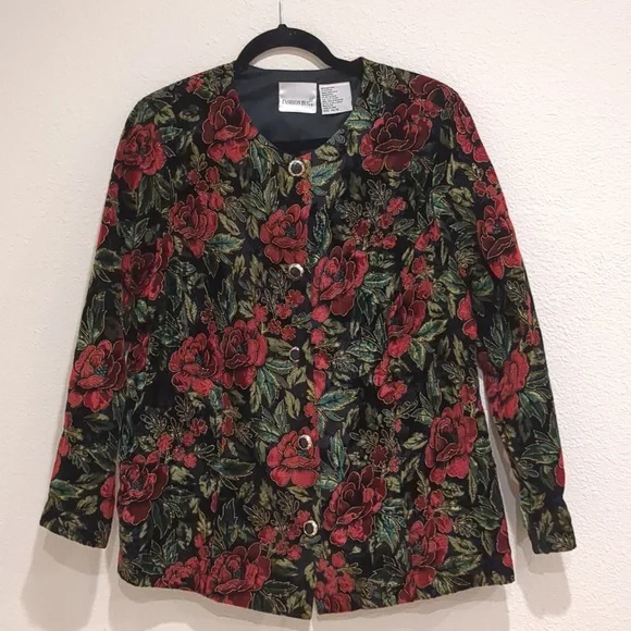 Vintage Floral Black Velvet Evening Wear Christmas Blazer Jacket Size 14/16 - Picture 1 of 4